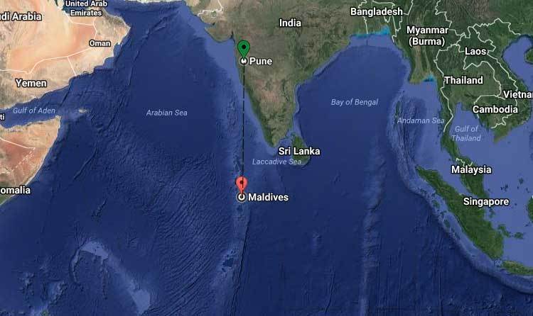 Pune to Maldives Distance by Flight, Cruise, Duration, Route, Map